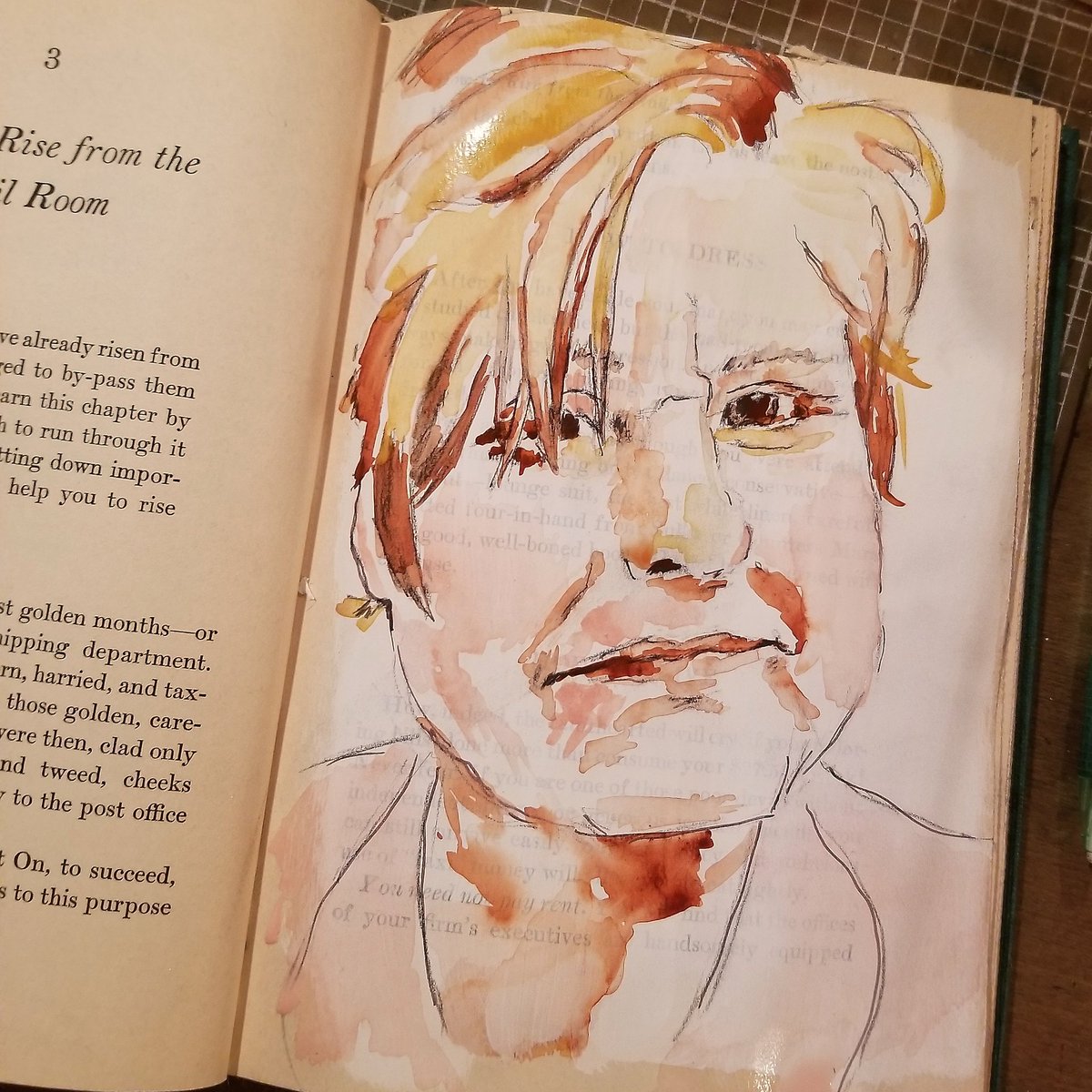 VSliker's tweet photo. #usktalkschallenge Self-portrait using only three colors. S2E5
Prima colors: 95 Redwood, 98 Chant, 41 Lemonade. UniPen fineline 01Sepia. 1952 book with gesso.
@urbansketchers https://t.co/UrpUg2L9GZ