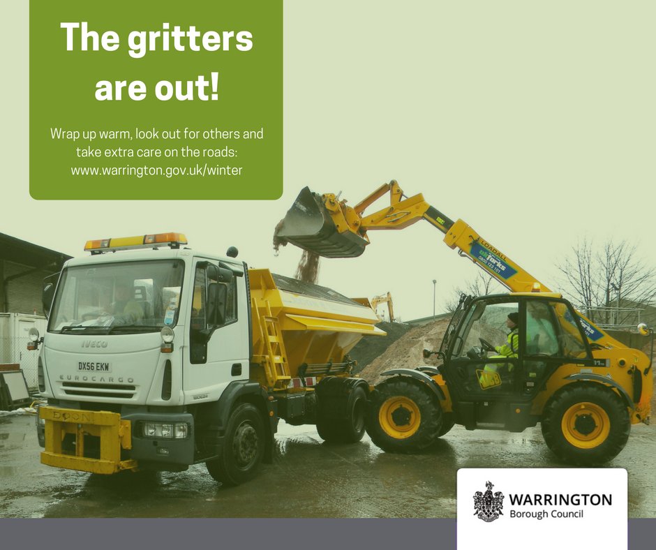WarringtonBC's tweet photo. ❄️ Temperatures are set to fall below freezing this evening. Our Gritters will be on the road from 3pm helping to keep Warrington's roads safe ❄️ https://t.co/Vbs103wVRH