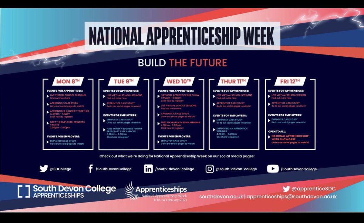 Next Week is National Apprenticeship Week! Please see below for the <a href="/sdcollege/">South Devon College</a> schedule of events taking place!
#NAW2021 #buildthefuture #apprenticeships @EmTuckerSDC