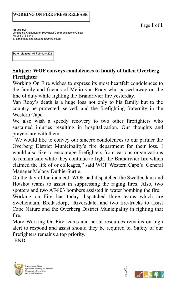 wo_fire's tweet photo. WOF mourns the fallen hero who passed away while fighting the Brandrivier fire yesterday.
#RIPYoungMan
#RIPMeliovanRooy https://t.co/DrTQ6cMbIA