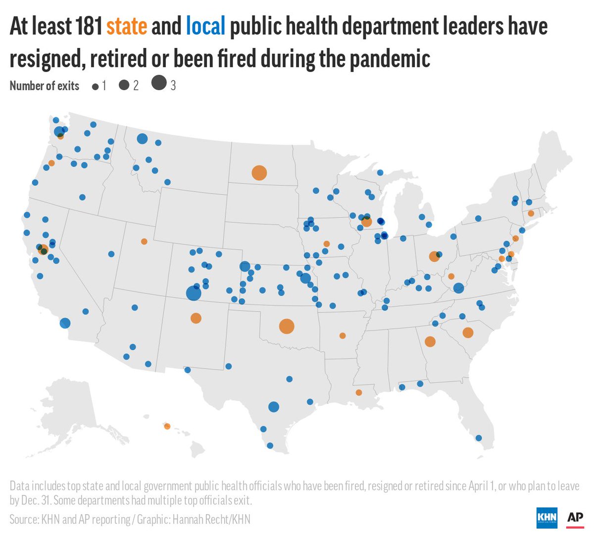This map shows where the 181 state and local public health department leaders have resigned, retired or been fired during the pandemic in the U.S.