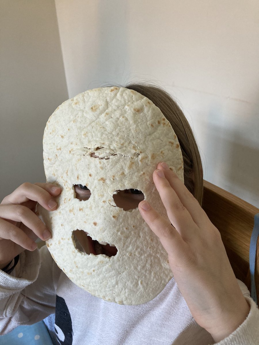 PaulBRamsbottom's tweet photo. By week 5, turning your lunchtime wrap into a mask counts as #LockdownHomeschooling, right? #Askingforafriend https://t.co/Wf7h2Uzccc