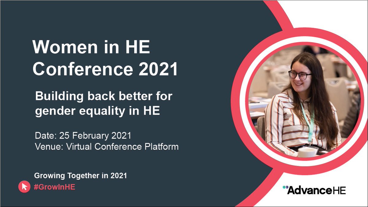 AdvanceHE's tweet photo. #WomenHEConf21 will discuss &amp; consider options and solutions that enable us to maintain and achieve growth in #GenderEquality progress in #HE, or ‘build back better’ harnessing the changes resulting from the pandemic for positive benefit. Book your place: https://t.co/jFyhIU4Yxt https://t.co/uxetYumyll
