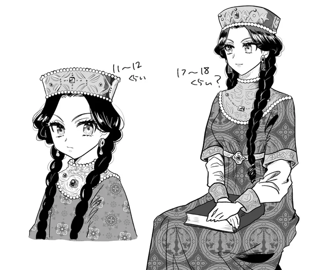 ビザンツ布模様パターン自作した(右側のお洋服) 
