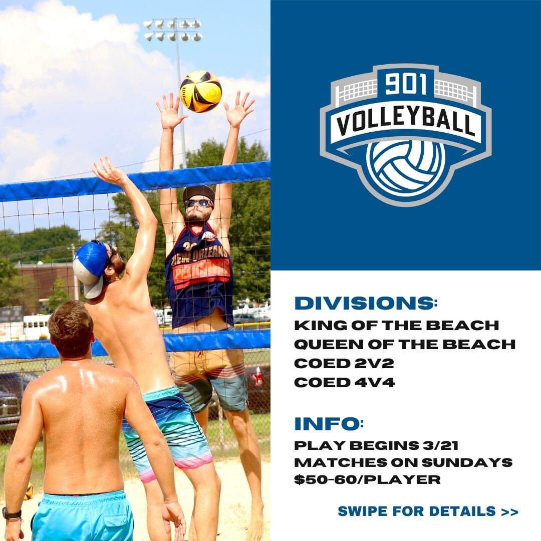 901Volleyball's tweet photo. REGISTRATION IS NOW OPEN for the @901Volleyball Spring 2021 Beach Volleyball League!!! FMI and to register, please visit https://t.co/Pz3nse40JC. See you in the sand!!! #901Volleyball #League #BeachVolleyball #GetSandy https://t.co/TdDKUHO2Bs