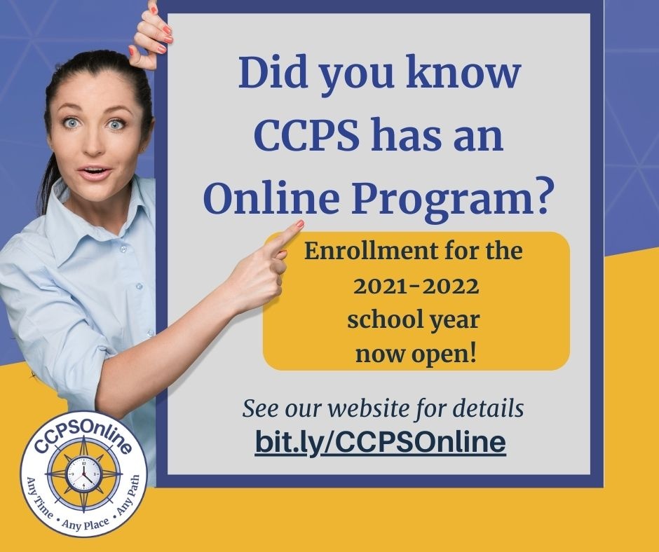 oneccps's tweet photo. Did you know that CCPS has an online program for middle and high school students? Registration for the 2021-22 school year begins today!

@CCPSOnline has a wide selection of middle and high school courses available. Visit https://t.co/3iSyYXHjcu for more information!
#oneCCPS https://t.co/6IFhSDqngR