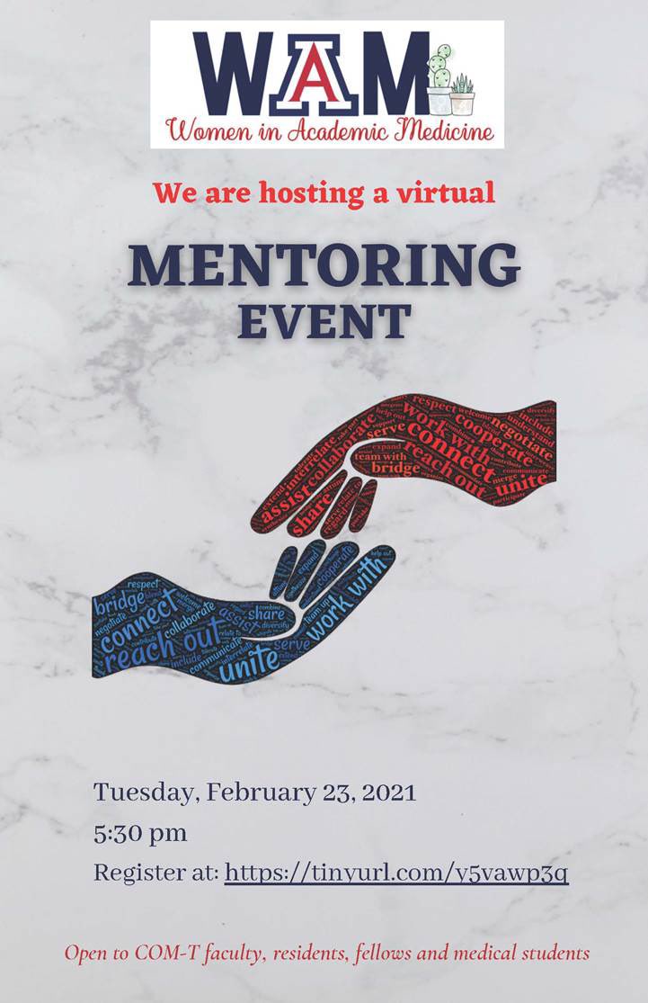 UAZ Women in Medicine and Science-Tucson (@uazwimstucson) on Twitter photo We are hosting a virtual #mentoring event on Tuesday, 2/23/2021 at 530pm. Please join us! Open to <a href="/UAZMedTucson/">UA College of Medicine – Tucson</a> faculty, trainees, students. @ua_obgyn @UAZSouthIMRes <a href="/UAZHeart/">UArizona Sarver Heart Center</a> <a href="/UAZ_MDPHD/">UACOM-T Medical Scientist Training Program 🌵</a> <a href="/UAZMedicineEdu/">UA IM Education</a> <a href="/AZTraumaCats/">UA Trauma</a> @SurgOncUATucson <a href="/VascularAz/">UofA Vascular</a> <a href="/UA_Neurology/">UA Tucson Neurology</a> <a href="/UofAZSurgeryRes/">UofAZ Surgery Residents</a> We are hosting a virtual #mentoring event on Tuesday, 2/23/2021 at 530pm. Please join us! Open to <a href="/UAZMedTucson/">UA College of Medicine – Tucson</a> faculty, trainees, students. @ua_obgyn @UAZSouthIMRes <a href="/UAZHeart/">UArizona Sarver Heart Center</a> <a href="/UAZ_MDPHD/">UACOM-T Medical Scientist Training Program 🌵</a> <a href="/UAZMedicineEdu/">UA IM Education</a> <a href="/AZTraumaCats/">UA Trauma</a> @SurgOncUATucson <a href="/VascularAz/">UofA Vascular</a> <a href="/UA_Neurology/">UA Tucson Neurology</a> <a href="/UofAZSurgeryRes/">UofAZ Surgery Residents</a>