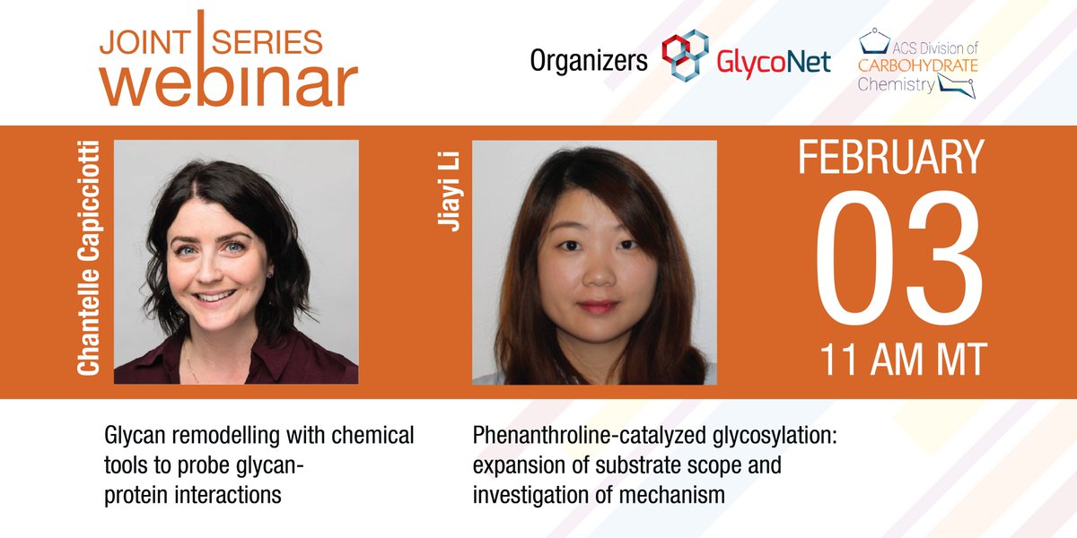 In the GlycoNet/#ACSCARB webinar on Feb 3, <a href="/CCapicciotti/">Chantelle Capicciotti</a> from <a href="/queensu/">Queen's University</a> &amp; Jiayi Li (Hien Nguyen Lab) <a href="/waynestatechem/">waynestatechem</a> will discuss about cell surface remodelling and making small glycan-processing enzyme mimics. Register here: us02web.zoom.us/meeting/regist…
#glycotime
