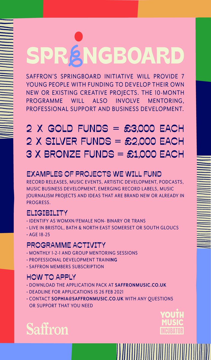 Apply now for Saffron Springboard! 

Our new Springboard initiative will provide 7 people with a 10-month program of mentoring, professional coaching and grants of £1,000-£3,000 

✳️ Download the application pack at saffronmusic.co.uk
✳️ Deadline for applications is 26 Feb