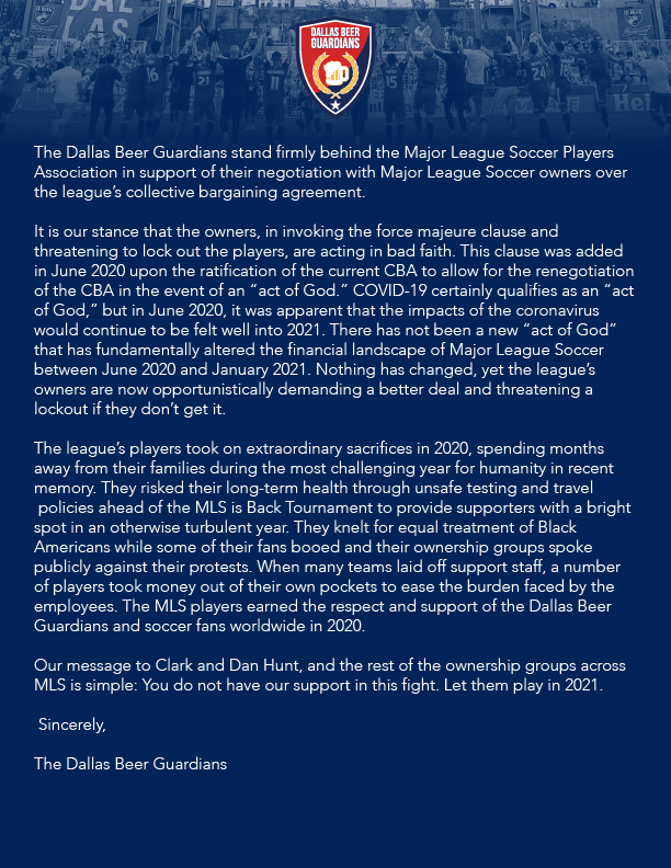 DBG โข Dallas Beer Guardians (@dallasguardians) on Twitter photo Read DBG's statement in support of the <a href="/MLSPA/">MLSPA</a>
#letthemplay2021 <a href="/FCDallas/">FC Dallas</a> <a href="/DanHuntFCD/">Dan Hunt</a> <a href="/MLS/">Major League Soccer</a> <a href="/thesoccerdon/">Don Garber</a> Read DBG's statement in support of the <a href="/MLSPA/">MLSPA</a>
#letthemplay2021 <a href="/FCDallas/">FC Dallas</a> <a href="/DanHuntFCD/">Dan Hunt</a> <a href="/MLS/">Major League Soccer</a> <a href="/thesoccerdon/">Don Garber</a>