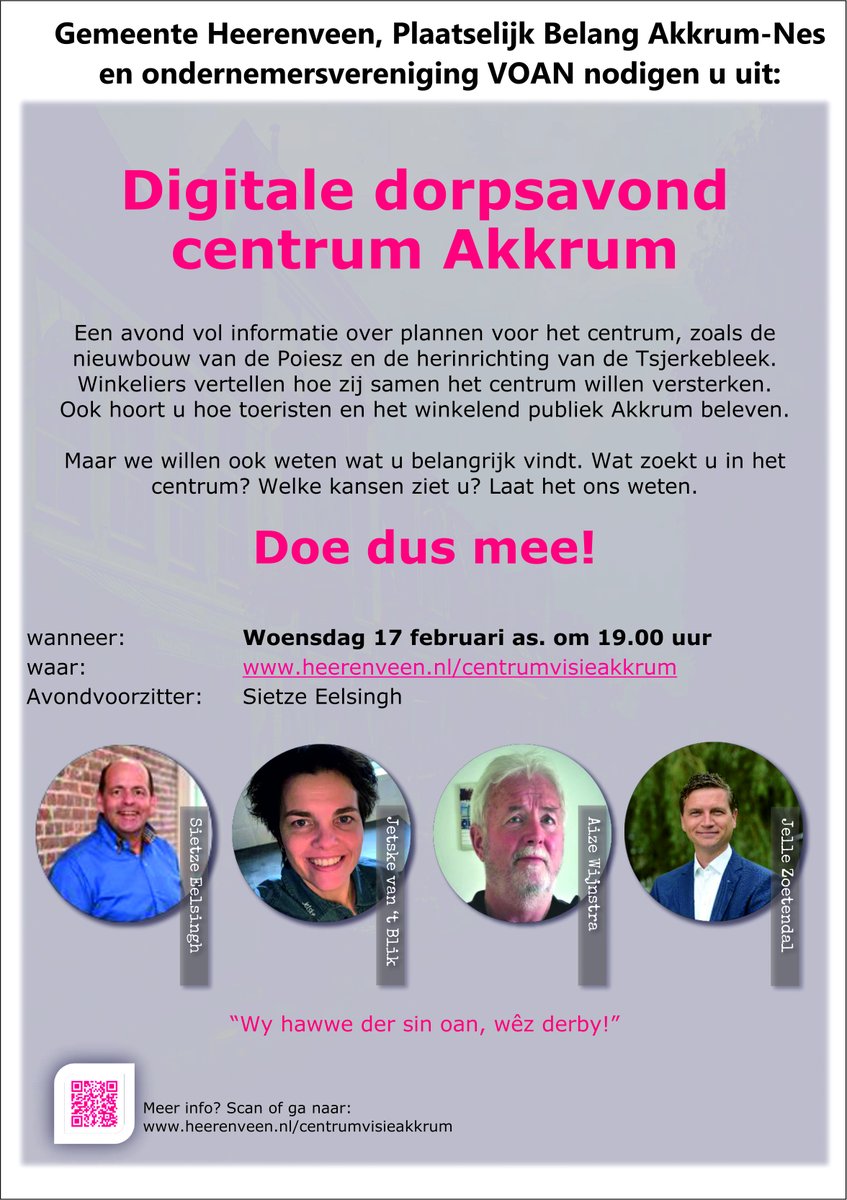 Digitale dorpsavond centrum Akkrum - Woensdag 17 februari 19.00 uur. Wat zoekt u als bewoner of bezoeker in het centrum van Akkrum? Welke kansen ziet u? 

Graag horen we wat u belangrijk vindt. Neem deel aan deze bijeenkomst via deze link: heerenveen.nl/wonen/dorpen/c…