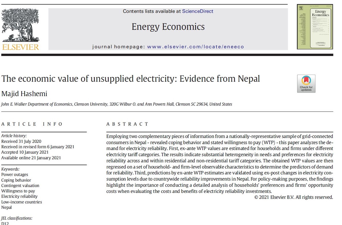 Power outages are the norm rather than the exception in many developing countries. 
My paper values the benefits of reducing power interruptions using ex-ante demand for electricity reliability and ex-post changes in electricity consumption. #EconTwitter sciencedirect.com/science/articl…