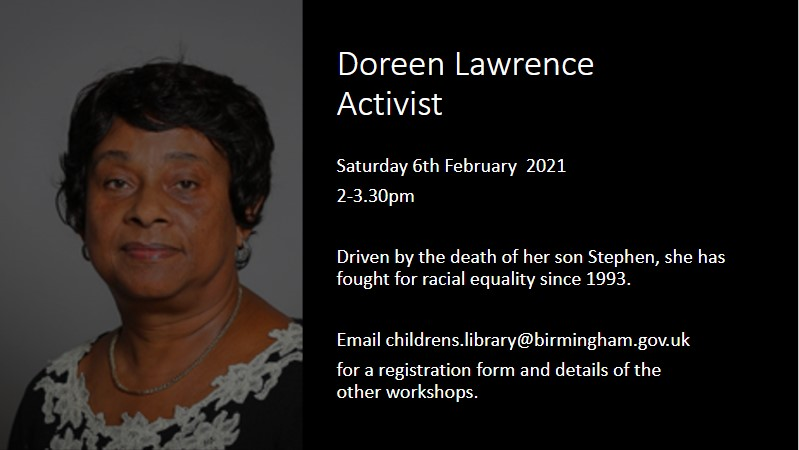 LibraryofBham's tweet photo. This Saturday, we're doing another great workshop for Writing Black History! This week it's Doreen Lawrence, an activist, who has been fighting for racial justice since 1993.

#writingblackhistory #blackbritish #blackbritons #youngwriters #teenwriters #amwriting #historyworkshop https://t.co/UiUrZ5IvFJ