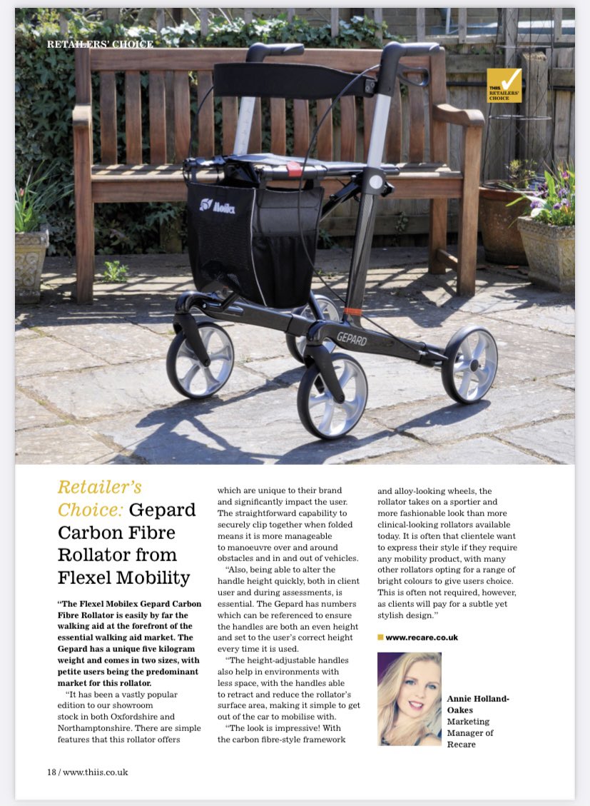 Absolutely made up to see the Mobilex Gepard make retailers choice in the latest edition of <a href="/wwwthiiscouk/">THIIS Magazine</a>
Big thanks to our friends <a href="/Recare66/">RECARE</a> for the nomination and support of the product.
#mobilex #rollator #walkingaids #carbonfibre #styleandfunction