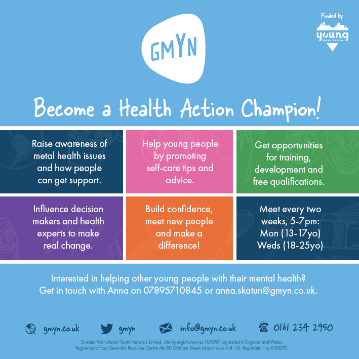 gmyn's tweet photo. 📢Aged 13-25? Passionate about #MentalHealth issues? Want to make a difference? Become a Health Action Champion! @Young_MCR 

📅Mon &amp; Weds 5-7pm

Get in touch to find out more: 
📨anna.skatun@gmyn.co.uk
📱07895 710 845 https://t.co/ftwT9vi9El