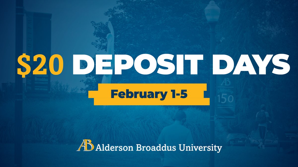 #FutureBattlers, make Alderson Broaddus your home! Secure your spot from Feb. 1-5, and we’ll reduce your deposit fee to $20! Make your deposit, today, by visiting ab.edu/accepted-stude… OR contact the Office of Admissions at 304.457.6256 or 1.800.263.1549! #DiscoverAB⚔️