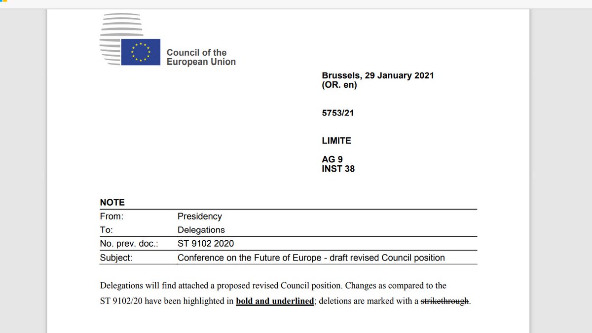 New Council position on  #CoFoE on the way. Changes to previous version are "bold und underlined". Nearly all of them apply to the leadership structure of the Conference. Apart from that: Nothing different in substance. So what are the consequences?A thread 
