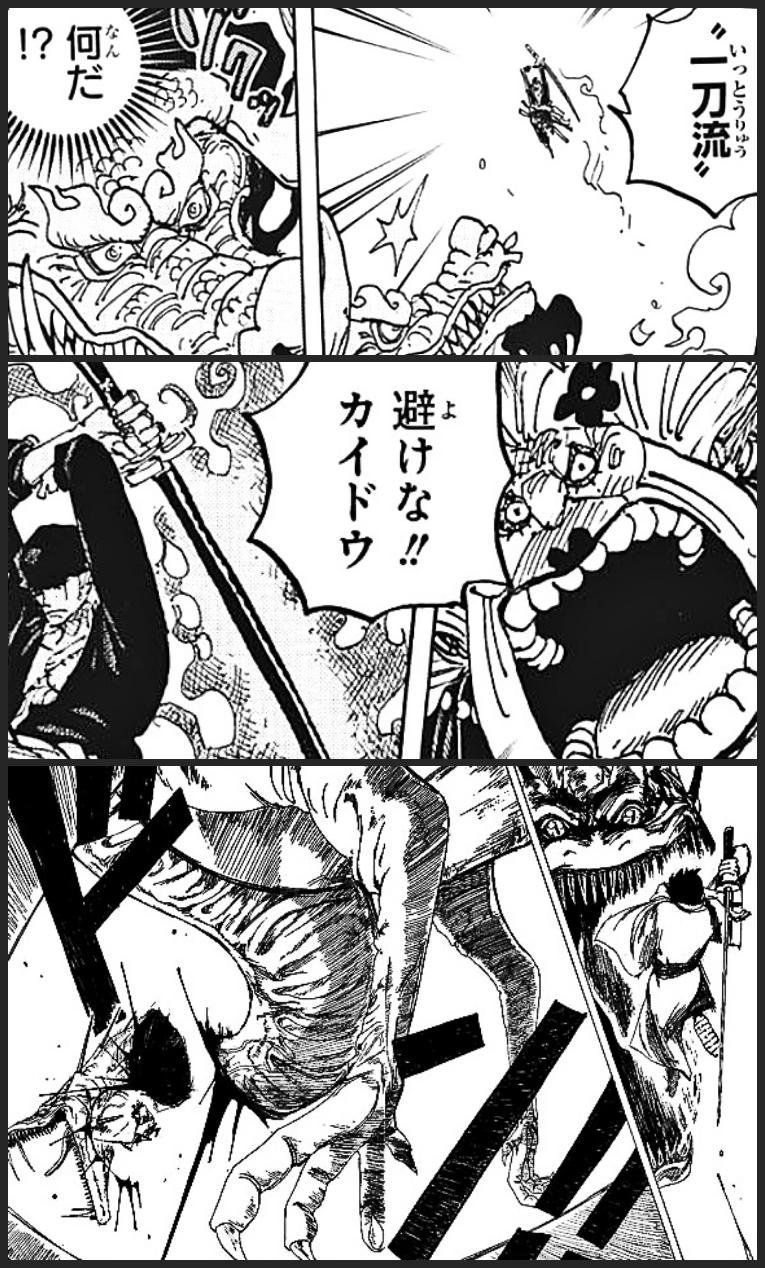 まな 力のある者と戦える事に喜びすら感じて攻撃を真正面から受け続けていたカイドウが ゾロを前にして恐れを感じ 初めて避けたというのがまた良いなぁ リューマの遠い子孫にあたるゾロが魅せてくれる新たな 竜斬り伝説 に期待 今週のワンピ