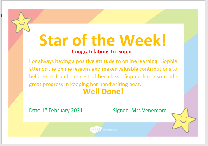MrsVenemore's tweet photo. Well done Sophie! 2JV's star of the week!  ⭐️⭐️  @QHAThurrock @mrs_mamoon @HSoorty https://t.co/S0k4f4RKAN