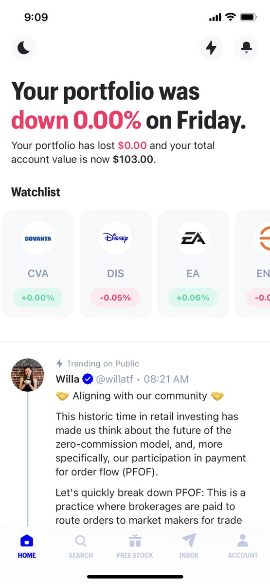 When you first open the app, the community feed is front and center, one of the first things you see.You get a high level overview of your portfolio, but news and other updates from the community are put right there. It's not a different tab that you have to choose to discover.