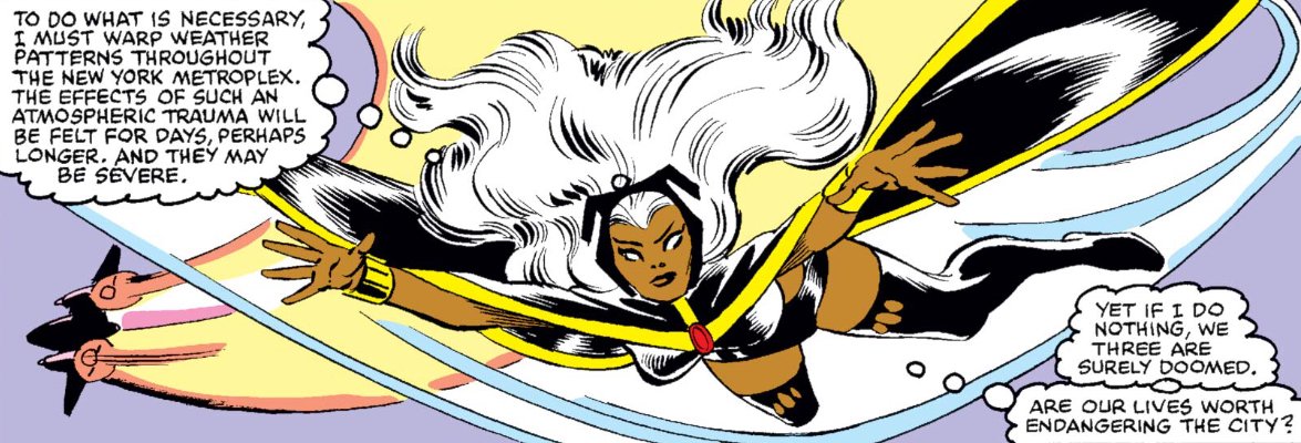 Ororo flies off wondering if she actually does have it what it takes to be a leader, questioning if her contemplation undermines her readiness for leadership, when the opposite is true. It was never Scott's tactical perspective, but her heart that makes Ororo a leader.
