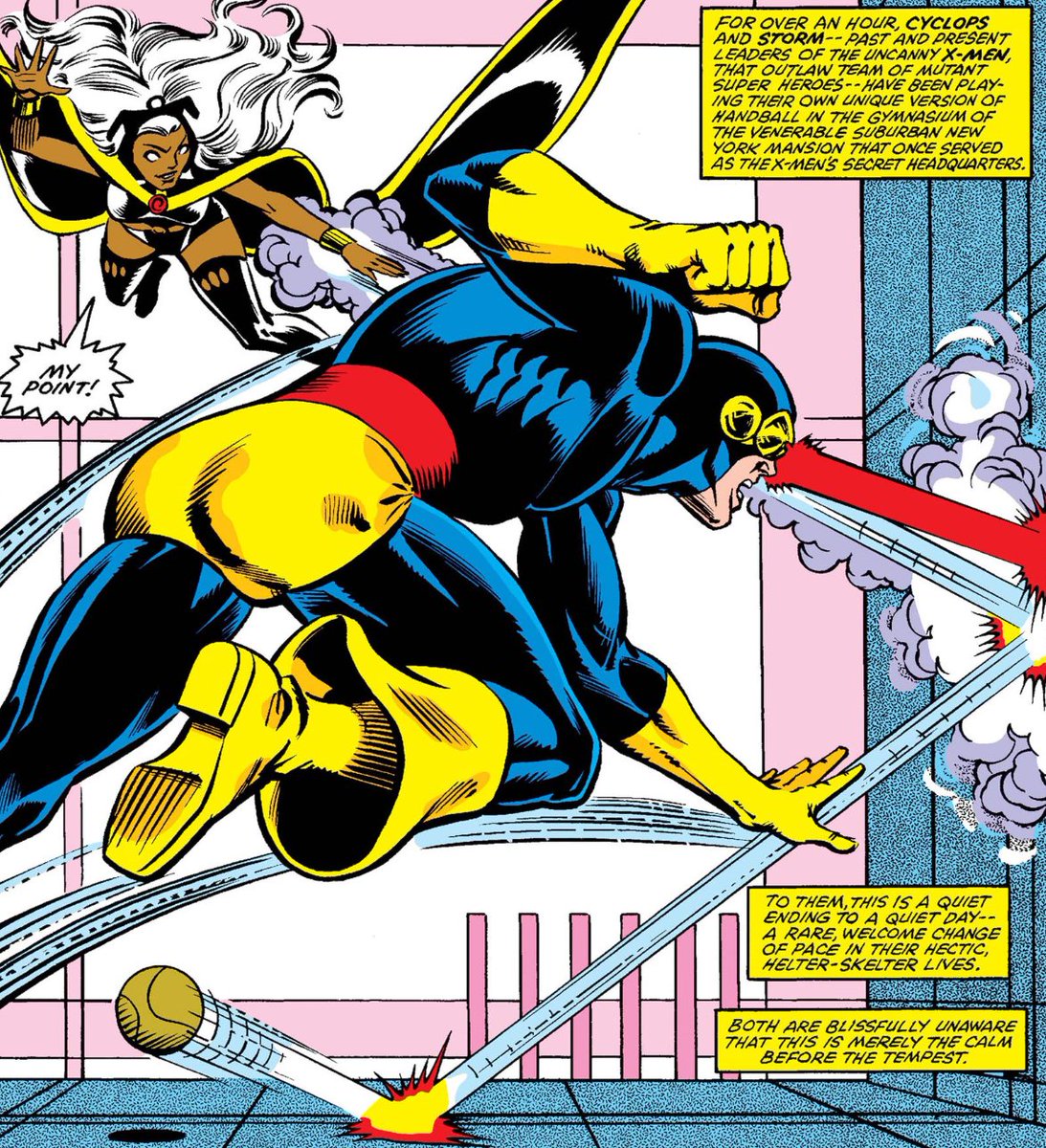 Our issues open with a twist on CC's classic Danger Room cold open, as Scott & Ororo play a fun game of mutant handball that is not at all a metaphor for the tense rivalry being set up between the two.Each is central to the issue's main question: what does it take to be leader?