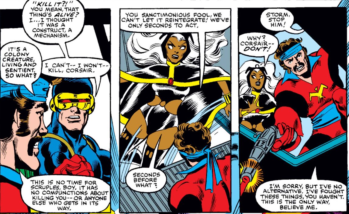 Corsair, by contrast, shows both leaders a type of callous decision making that Ororo a panel earlier muses is villainous, as he does whatever it takes to get the job done... in this instance, blowing up a series of tankers regardless of the collateral damage.
