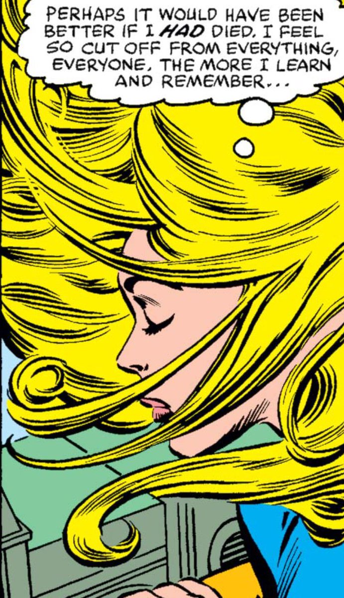 Carol- who we last addressed in the incredible Avengers Annual #10 with  @AnneComics- stands atop one of the Lovecraftian balconies contemplating her fate and musing that things might be easier if she had just died. Logan, no stranger to memory loss, tries his best to comfort her.