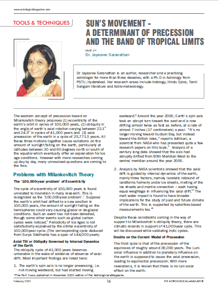 Part 4 of my paper on Siddhantic concept of Precession proposes the shape of the path taken by the Sun as the determinant of precession and the Band of Tropical limits in the two hemispheres. Copy can be had at  https://www.magzter.com/IN/The-Astrological-eMagazine/The-Astrological-eMagazine/Science/593541My Blog on this http://jayasreesaranathan.blogspot.com/2021/02/suns-movement-determinant-of-precession.html+