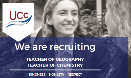 hr_ucc's tweet photo. We're seeking a Teacher of Geography and a Teacher of Chemistry to join our happy, successful and aspirational school. Our video (https://t.co/ymgBv8LkfU) highlights what it's like to be part of #TeamUCC and you can find more details on our website: https://t.co/hPxHApYua9 https://t.co/0QlIm0yzeh