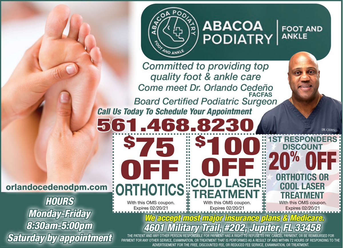 MyLivingMedia's tweet photo. Make 2021 your business’ best year yet! Call us at 772-277-7755 to learn about our advertising specials 📈 And, visit @AbacoaPodiatry to find relief with $100 OFF COLD LASER TREATMENT! 🦶
#MultimediaMarketing #DirectMailAdvertising #Postcards #Inserts #Coupons #PalmBeachFL https://t.co/lZGjDakVd5