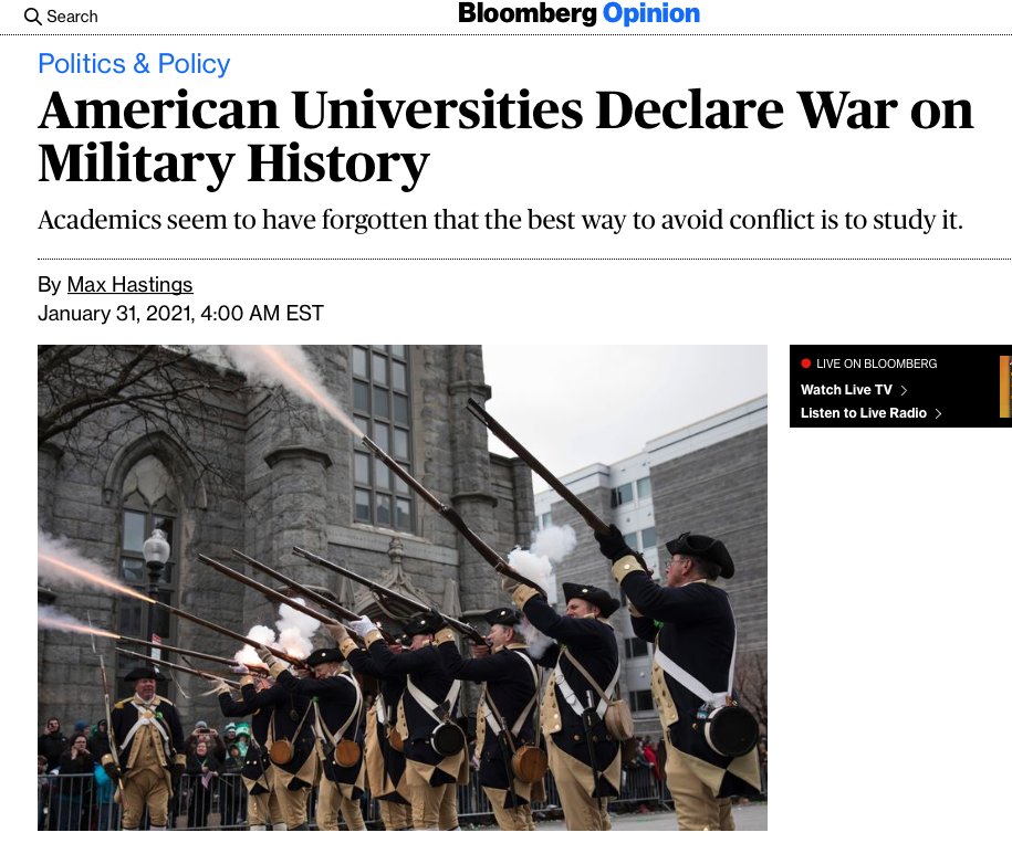 1/ Thanks to  @militaryhistori, I went down a smallish rabbit hole on the state of military history education in America today, precipitated by this Max Hastings lamentation which might be retitled, "Wealthy Best-Selling Author Yells At Cultural History Kids To Get Off His Lawn"