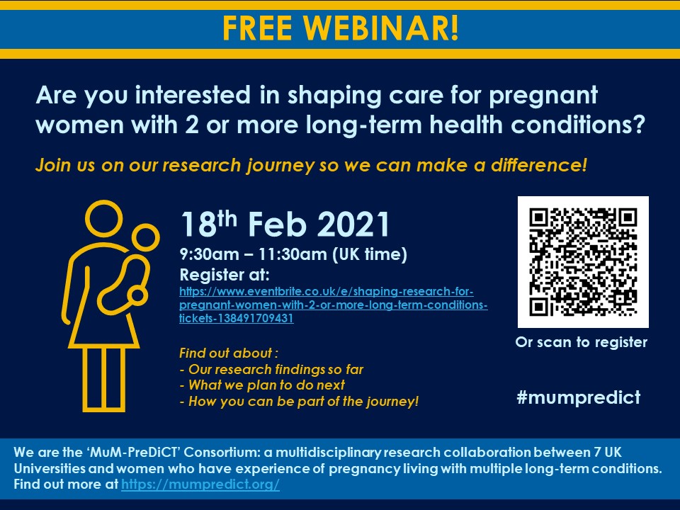 #mumpredict is an incredible research journey of a multi-disciplinary team to understand and shape care for pregnant women with 2 or more long-term health conditions. Scan the QR code in the picture to engage with us through this dissemination webinar!
mumpredict.org