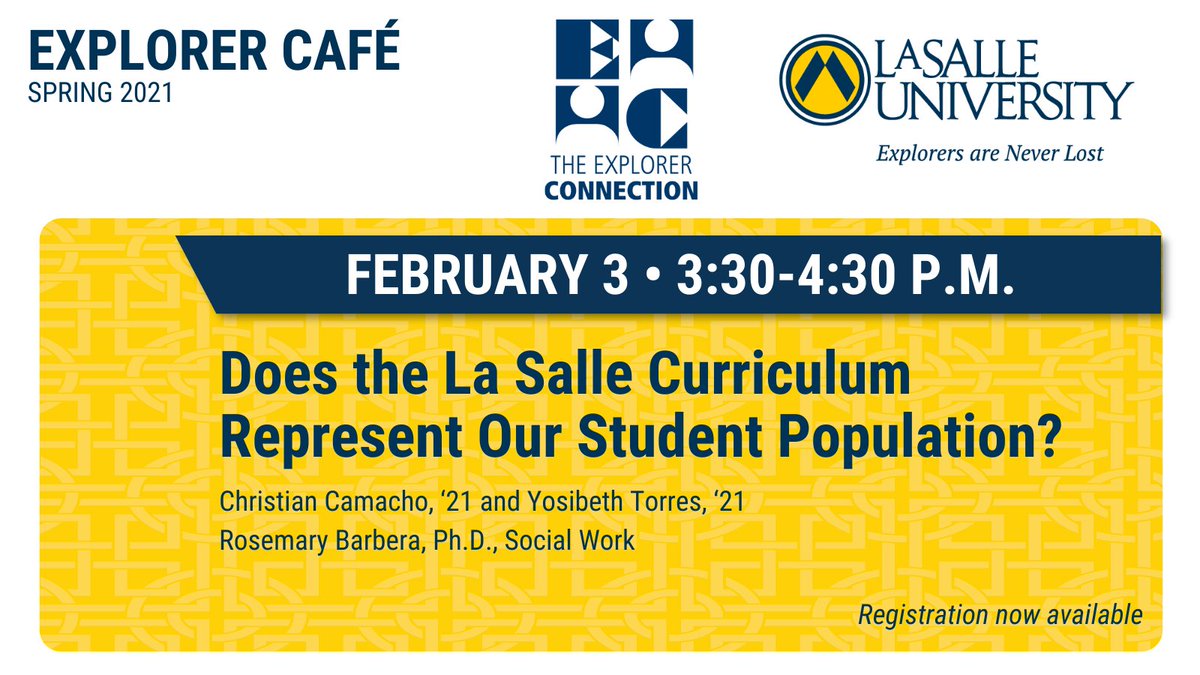 LaSalleUniv's tweet image. Mark your calendars for this semester's first @ExplorerCafe, Wednesday, Feb. 3. Tune in to the session guided by social work professor @RosiRabar and two undergraduate students. 

Register today: bit.ly/2NFHzTV