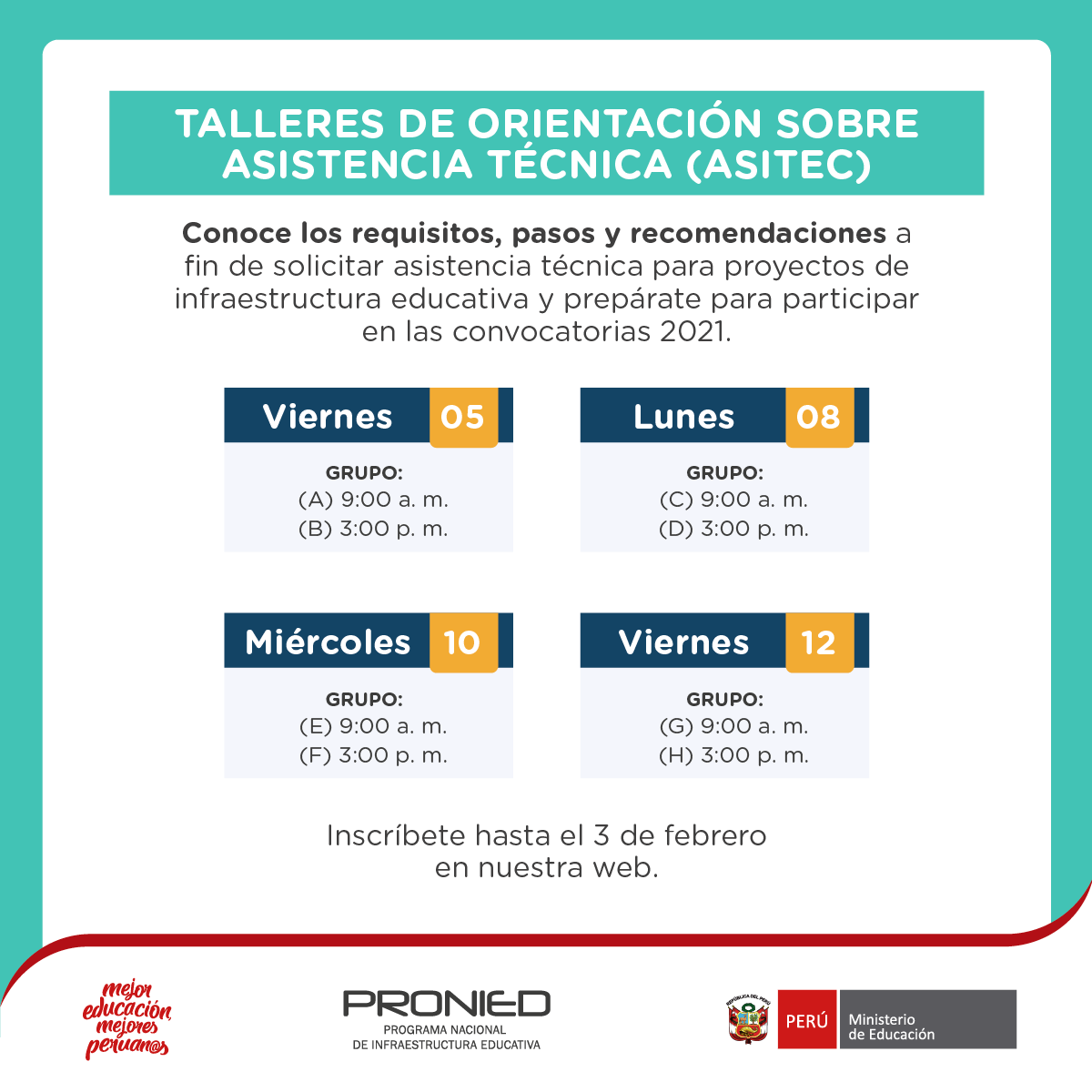 proniedperu's tweet photo. #NotaDePrensa
¡Atención, Gobiernos regionales y locales!
Los días 5, 8, 10 y 12 de febrero se realizarán los talleres de orientación sobre #AsistenciaTécnica a proyectos de infraestructura educativa, que permitirá conocer los pasos, recomendaciones y uso de la plataforma #Asitec. https://t.co/5Gc8jaBW5W