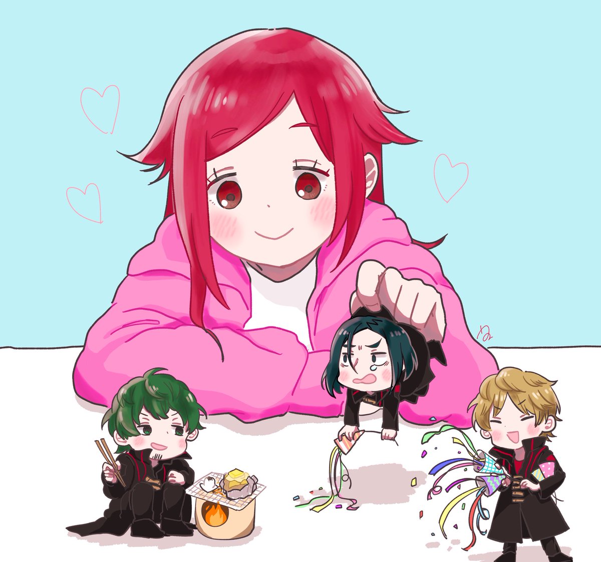 multiple boys 1girl green hair smile chibi red hair 3boys  illustration images