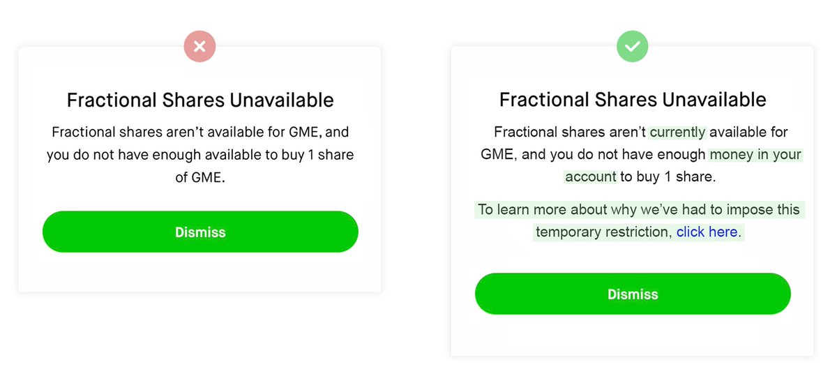 4. Robinhood then allowed people to buy shares, but disabled fractional shares, and showed this error. - They should have clarified if this was temporary.- Again, where's the explanation?