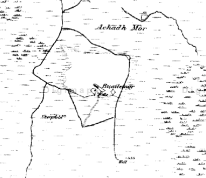 Bualiemore. John Sutherland, John Gunn, George Miller, William Macleod, George Macleod, George Sutherland, Marcus Gunn. Replaced with sheep but not a shepherd's house.