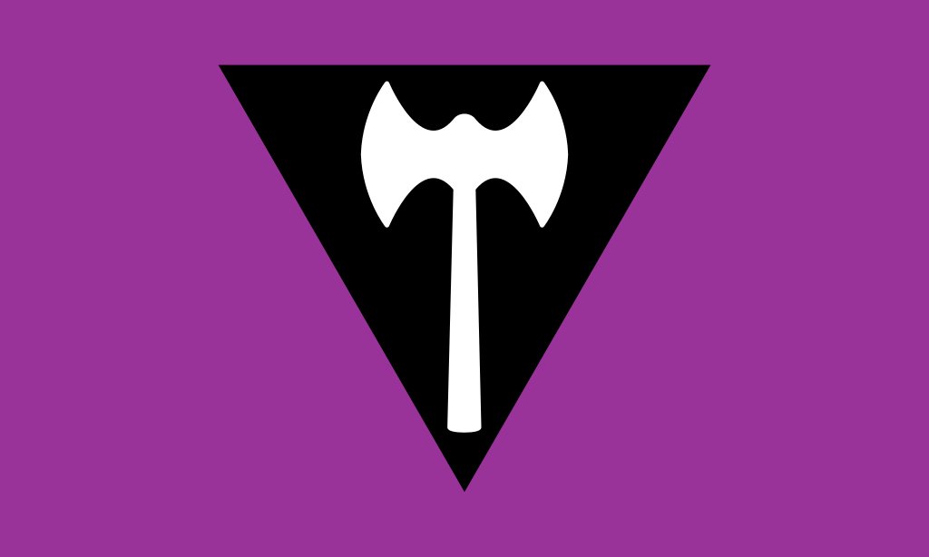 This is the labrys lesbian pride flag, created in 1999: the labrys axe was associated with goddesses of the Minoans, the colour violet is associated with the flower in Sappho's poetry, and the black triangle a reclaimed symbol forced on people including lesbians by the Nazis.