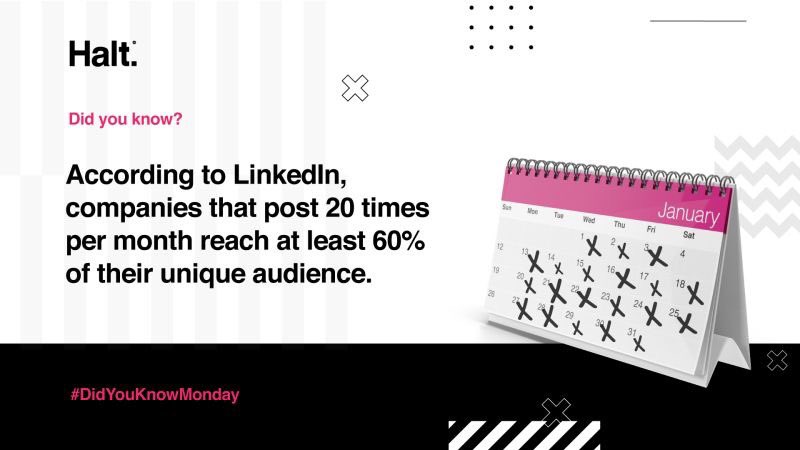 HaltAgency's tweet photo. 🤔 Did you know? 🤔

🤳🏾 According to LinkedIn, companies that post 20 times per month reach at least 60% of their unique audience.

#DidYouKnowMonday #Halt #RecruitmentMarketing https://t.co/qbhNkH0rYx