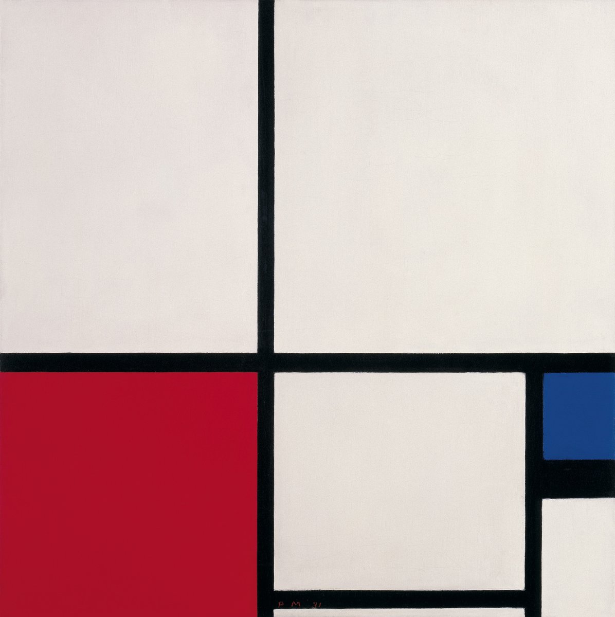  #Mondrian pensaba que el arte debía ser representado a través de la línea recta y los colores primarios  https://www.museothyssen.org/coleccion/artistas/mondrian-piet/composicion-colores-composicion-no-i-rojo-azul