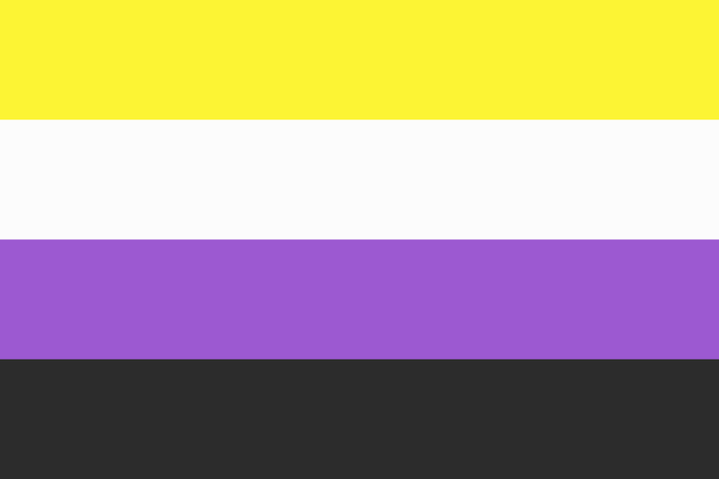 And here's the nonbinary flag, created in 2014 by Kye Rowan. Here, yellow symbolises those outside the gender binary; white for those with multiple gender identities; purple for those with a mix of masculine and feminine genders; and black for those without a gender identity.