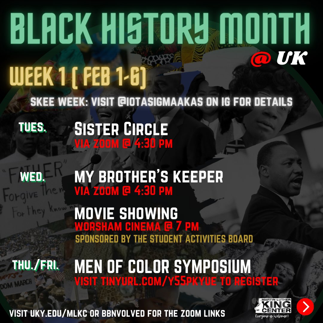 It’s Black History Month and we have a month full of dynamic events starting this week! As we take the time to reflect, let’s continue to keep the conversation going and be advocates for change on our campus and in our communities. We look forward to seeing you!