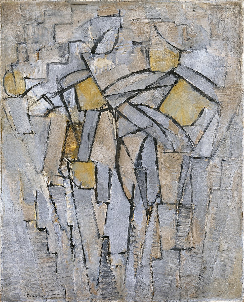En 1912  #Mondrian se instala en París donde conoce a Leger y Braque y adopta el estilo cubista https://www.museothyssen.org/coleccion/artistas/mondrian-piet/composicion-no-xiii-composicion-2