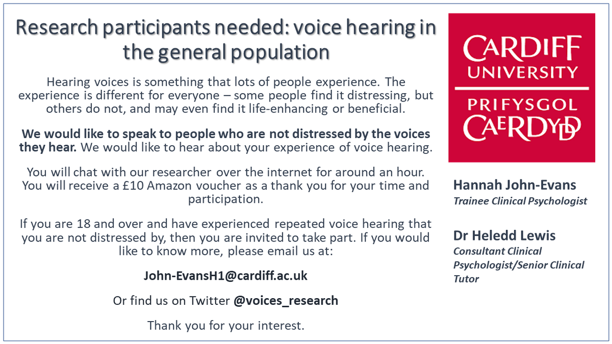 Do you experience hearing voices that don't distress you, or that you find positive? If so, we would like to hear from you.

Please retweet!

<a href="/HVN_England/">HVN England</a> <a href="/HearingVoicesGB/">HearingVoicesGB</a> <a href="/voices_cymru/">Hearing Voices Cymru</a>  <a href="/MindCymru/">Mind Cymru</a> <a href="/MindCharity/">Mind</a> @ClinpsychLucy <a href="/PsychCardiffUni/">School of Psychology</a> @psychsupportUK <a href="/DClinPsySWales/">DClinPsy South Wales 💙</a>