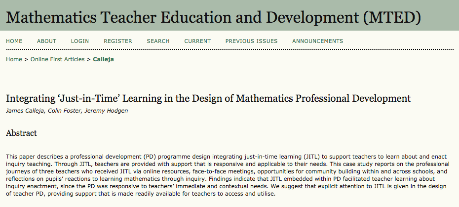 James Calleja (@jamescalleja7) on Twitter photo Sharing my latest paper, co-authored with <a href="/colinfoster77/">Colin Foster</a> and <a href="/JeremyHodgen/">Jeremy Hodgen</a>, focusing on just-in-time learning in professional development. The paper is available online and downloadable at: mted.merga.net.au/index.php/mted… Sharing my latest paper, co-authored with <a href="/colinfoster77/">Colin Foster</a> and <a href="/JeremyHodgen/">Jeremy Hodgen</a>, focusing on just-in-time learning in professional development. The paper is available online and downloadable at: mted.merga.net.au/index.php/mted…