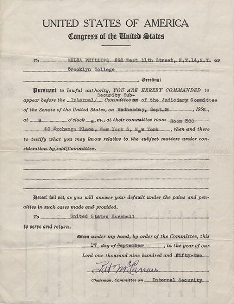 Here is the summons sent to Phillips, ordering her to appear before the McCarran Committee.Image: Box 1, Folder 1, Melba Phillips papers / AIP https://repository.aip.org/islandora/object/nbla:285524#page/45/mode/1up