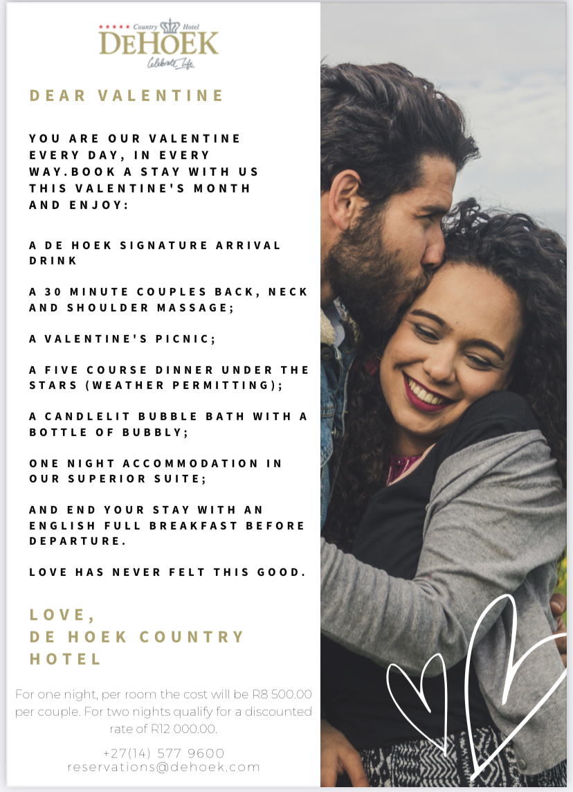 To our Valentine😍 Enjoy a romantic getaway this Valentine's month with <a href="/DeHoek/">DeHoek Country Hotel</a>! Call +27 (14) 577 9610 or email reservations@dehoek.com to make your reservation. #loveislove #loveisintheair #valentines #romanticgetaway
