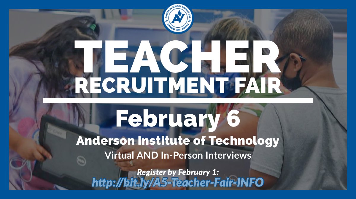 Have you registered for the A5 Teacher Recruitment Fair? Get signed up before the deadline TODAY! 
➡️ bit.ly/A5-Teacher-Fai…

#werehiring #teacherrecruitment #joinourteam #teachingopportunities #teacheropenings #newyearnewcareer #vision5 #committedtoexcellence #A5family