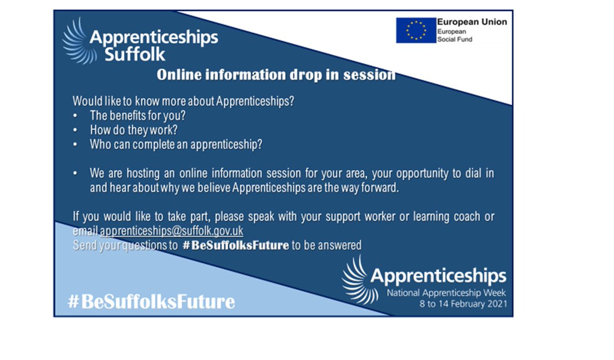 CareSuffolk's tweet photo. Apprenticeship Suffolk assists people in seeking an apprenticeship. We work closely with them supporting individuals who would like to work in adult care. This virtual session is for people who wish to learn more about apprenticeships and what we can do to help them.
#NAW2021 https://t.co/hPycL9ZkOn
